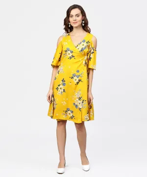 Printed Assymetrical A-Line Knotted Belt Style Dress With 3/4Th Cold-Shoulder Sleeve