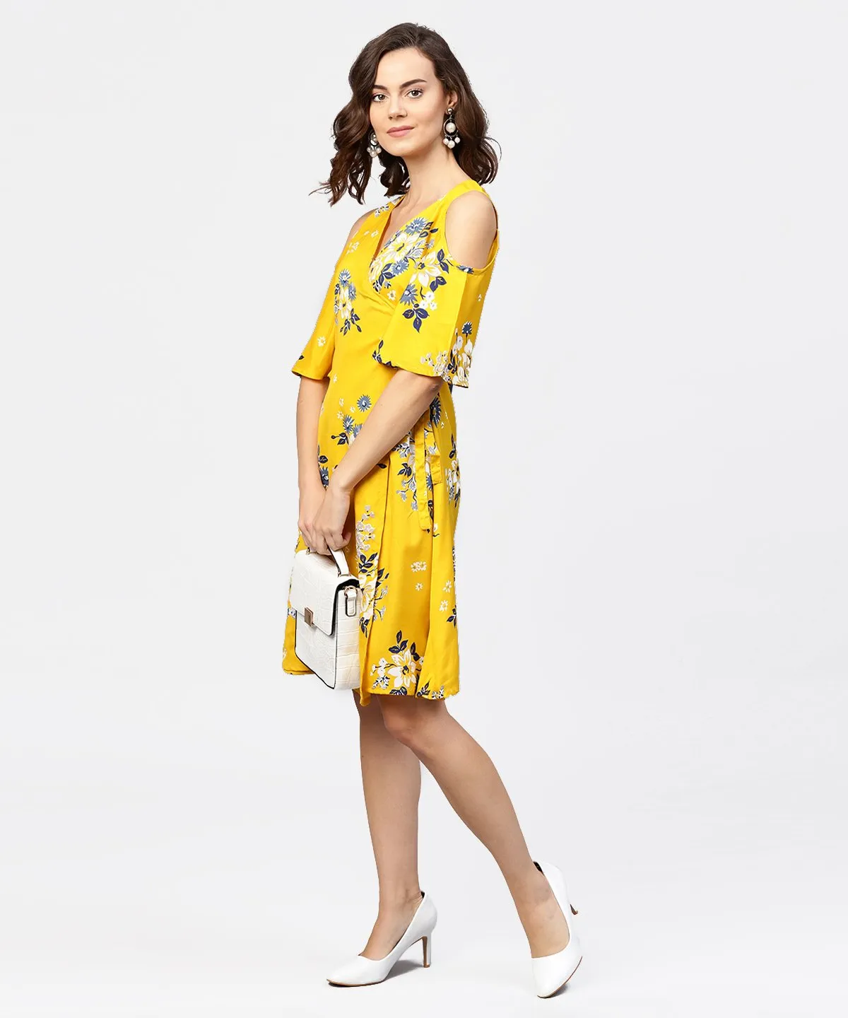 Printed Assymetrical A-Line Knotted Belt Style Dress With 3/4Th Cold-Shoulder Sleeve