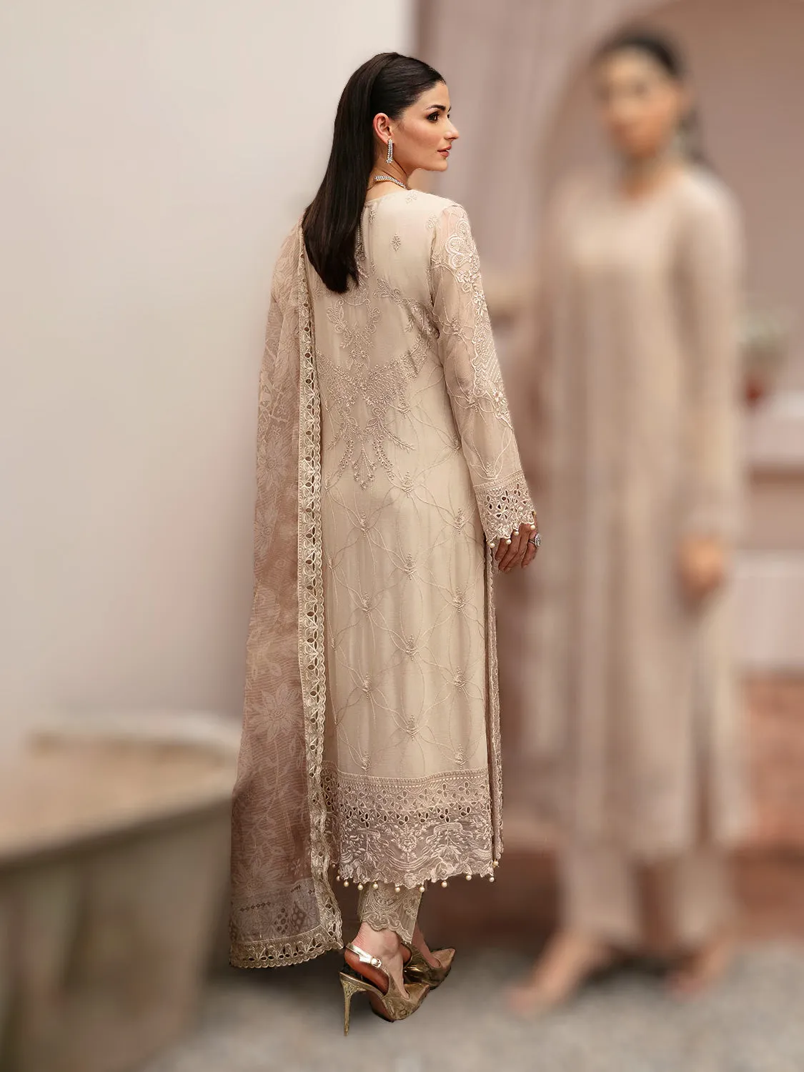 Ramsha "Kashish" Luxury Embroidered Chiffon Suit - Tan (K-202)