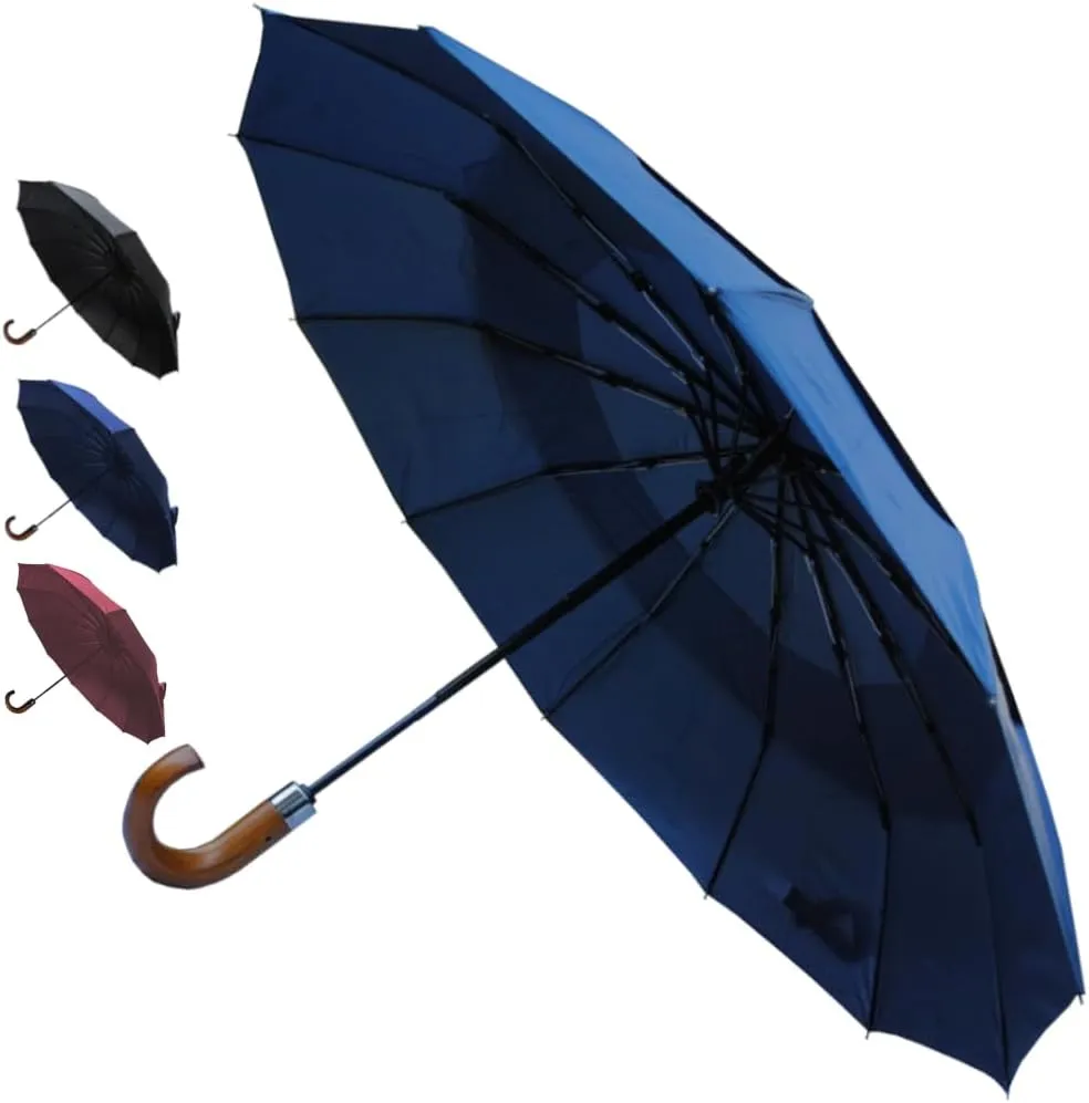 Rare 12 RIB Compact Windproof Umbrella for Rain - 50MPH - Best for Auto Open Close - Strong Frame with Fiberglass - Vented Canopy - Wooden Hook Handle - Travel Backpack
