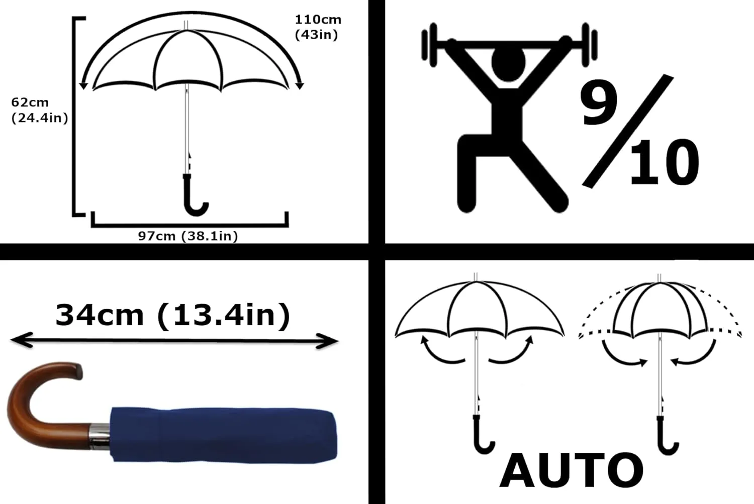 Rare 12 RIB Compact Windproof Umbrella for Rain - 50MPH - Best for Auto Open Close - Strong Frame with Fiberglass - Vented Canopy - Wooden Hook Handle - Travel Backpack