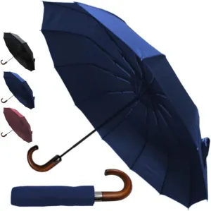 Rare 12 RIB Compact Windproof Umbrella for Rain - 50MPH - Best for Auto Open Close - Strong Frame with Fiberglass - Vented Canopy - Wooden Hook Handle - Travel Backpack