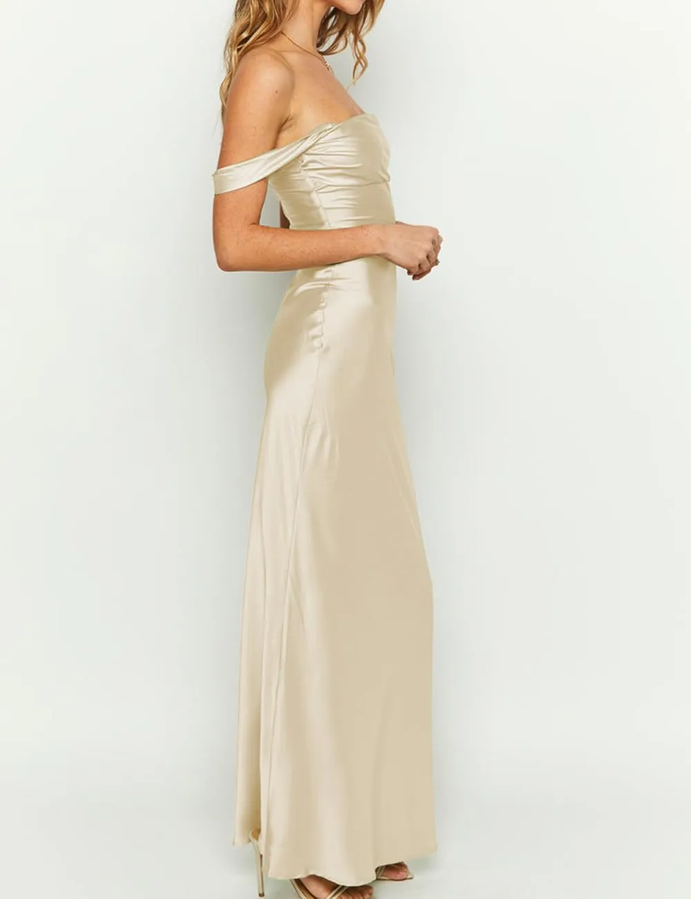 Realtix Elegant Satin Off The Shoulder Ruched Backless Maxi Dress for Women Strapless Tube Sleeveless Bridesmaid Dresses