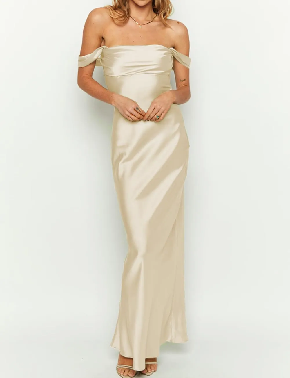 Realtix Elegant Satin Off The Shoulder Ruched Backless Maxi Dress for Women Strapless Tube Sleeveless Bridesmaid Dresses