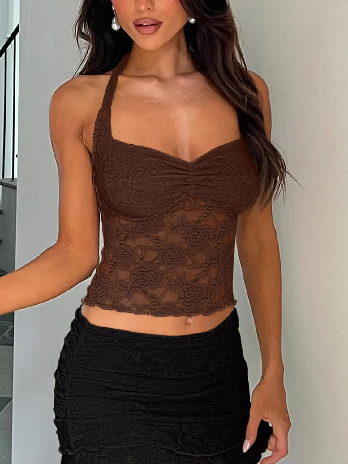 REORIA Lace Tops for Women Halter Sexy Going Out Tank Crop Y2K Fashion Top 2025 Trendy