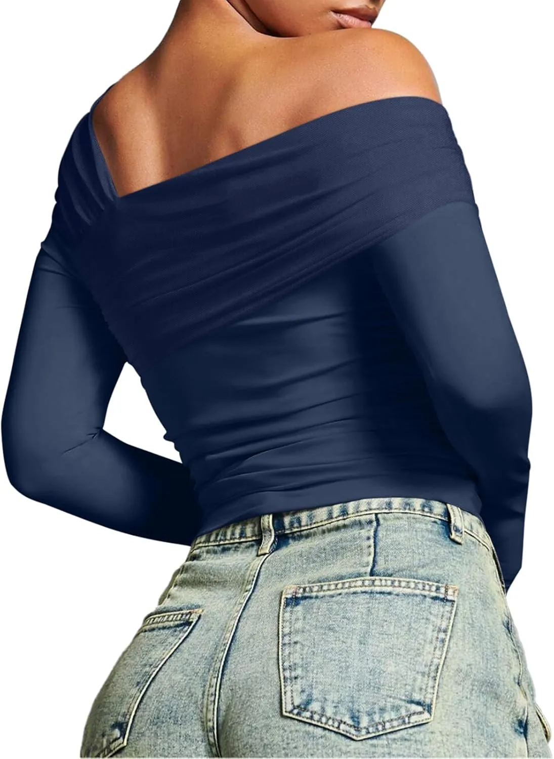REORIA Womens Off The Shoulder Tops Double Lined Tight Long Sleeve Shirt Ruched Mesh Crop Top Y2k Going Out Tops