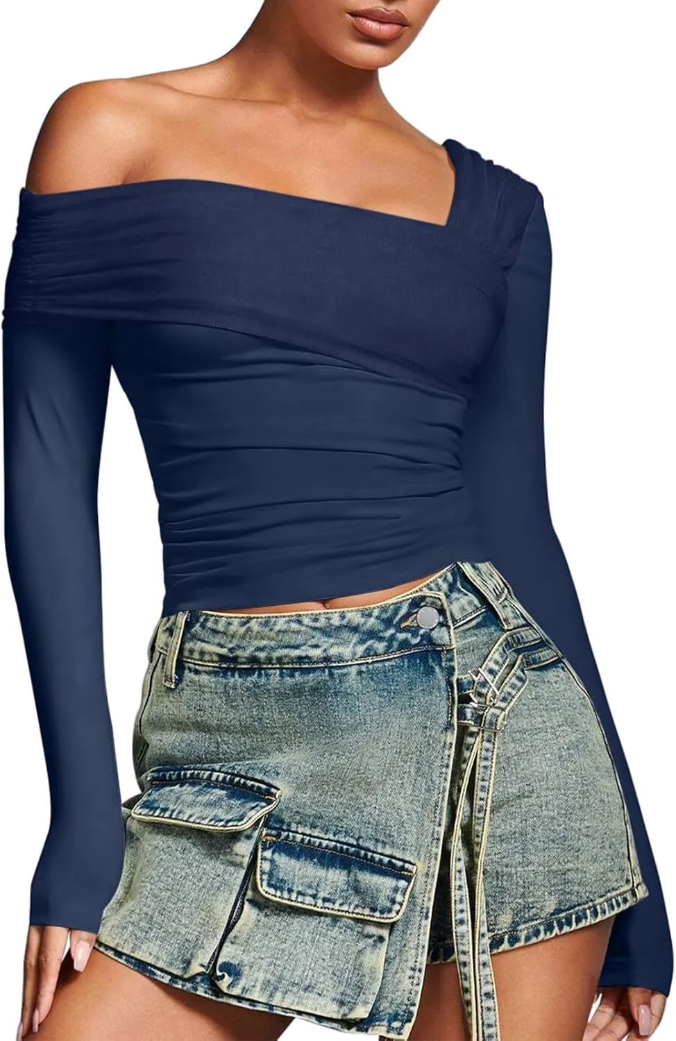 REORIA Womens Off The Shoulder Tops Double Lined Tight Long Sleeve Shirt Ruched Mesh Crop Top Y2k Going Out Tops