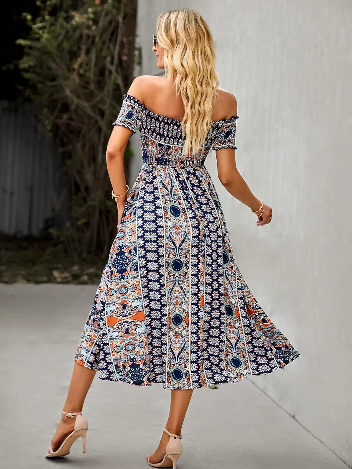 ROYUNA Women's Off The Shoulder Dresses Boho Flowy Smocked Maxi Sundress Beach Vacation Summer Dress 2024