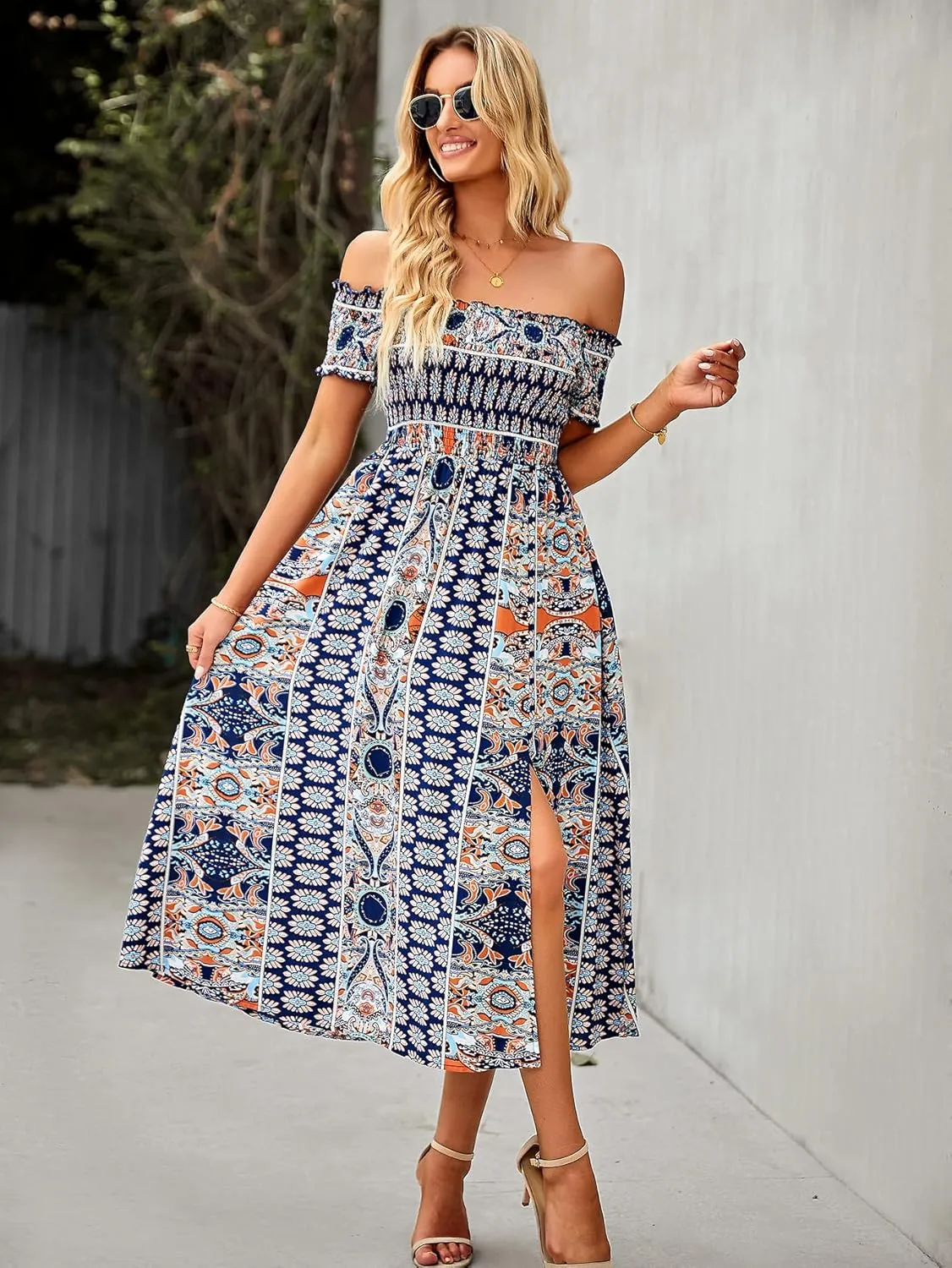 ROYUNA Women's Off The Shoulder Dresses Boho Flowy Smocked Maxi Sundress Beach Vacation Summer Dress 2024