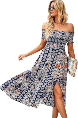 ROYUNA Women's Off The Shoulder Dresses Boho Flowy Smocked Maxi Sundress Beach Vacation Summer Dress 2024