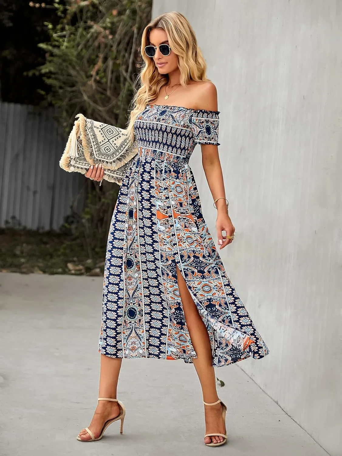 ROYUNA Women's Off The Shoulder Dresses Boho Flowy Smocked Maxi Sundress Beach Vacation Summer Dress 2024