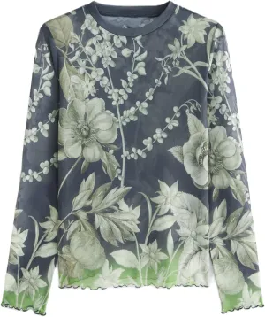 Sheer Mesh Long Sleeve Layering Tops for Women Crew Neck Floral Lace Blouse Sexy See Through Going Out Shirts