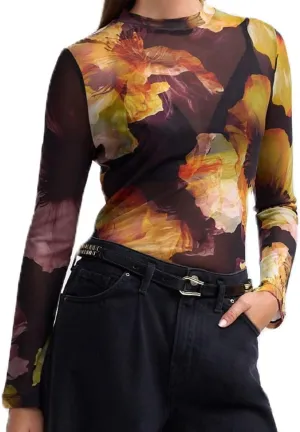 Sheer Mesh Long Sleeve Layering Tops for Women Crew Neck Floral Lace Blouse Sexy See Through Going Out Shirts