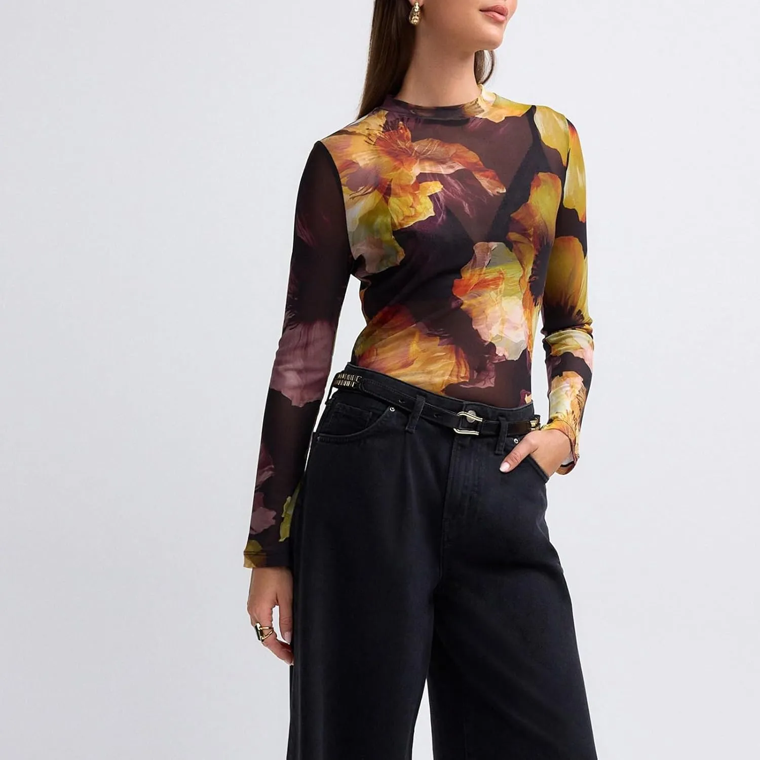 Sheer Mesh Long Sleeve Layering Tops for Women Crew Neck Floral Lace Blouse Sexy See Through Going Out Shirts