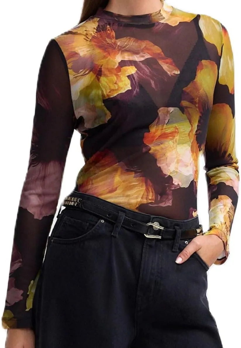 Sheer Mesh Long Sleeve Layering Tops for Women Crew Neck Floral Lace Blouse Sexy See Through Going Out Shirts