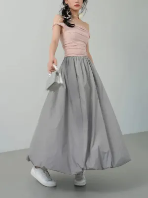 TAVIMART  -  Spring Autumn Long Skirt Women Loose A-line Large Fold  Slim Flower Umbrella Skirt Office Lady Gray Fashion ABM4