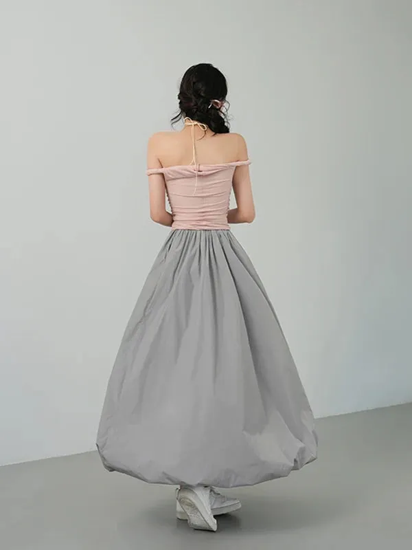 TAVIMART  -  Spring Autumn Long Skirt Women Loose A-line Large Fold  Slim Flower Umbrella Skirt Office Lady Gray Fashion ABM4