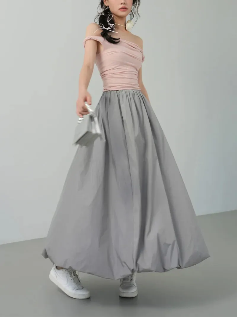 TAVIMART  -  Spring Autumn Long Skirt Women Loose A-line Large Fold  Slim Flower Umbrella Skirt Office Lady Gray Fashion ABM4