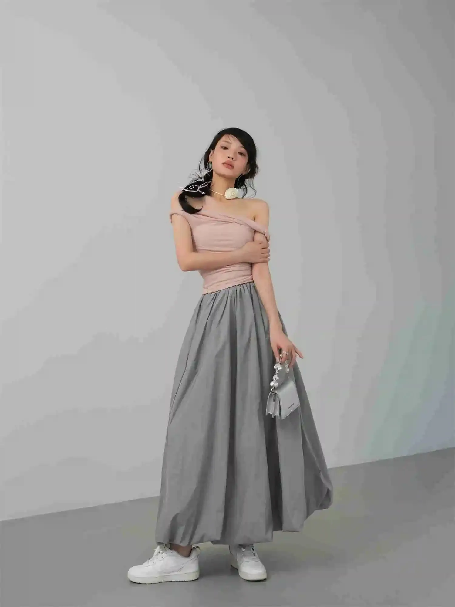TAVIMART  -  Spring Autumn Long Skirt Women Loose A-line Large Fold  Slim Flower Umbrella Skirt Office Lady Gray Fashion ABM4