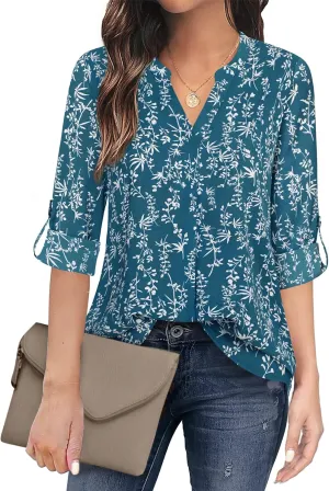 Timeson Women's Casual Chiffon V Neck 3/4 Sleeve Blouse Tops