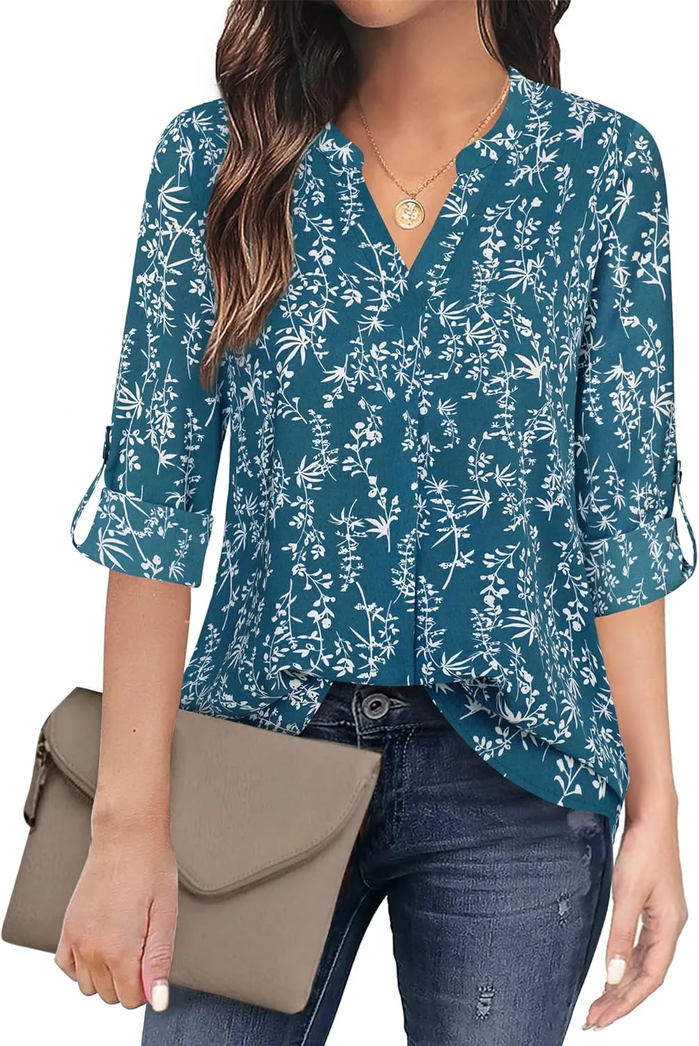 Timeson Women's Casual Chiffon V Neck 3/4 Sleeve Blouse Tops