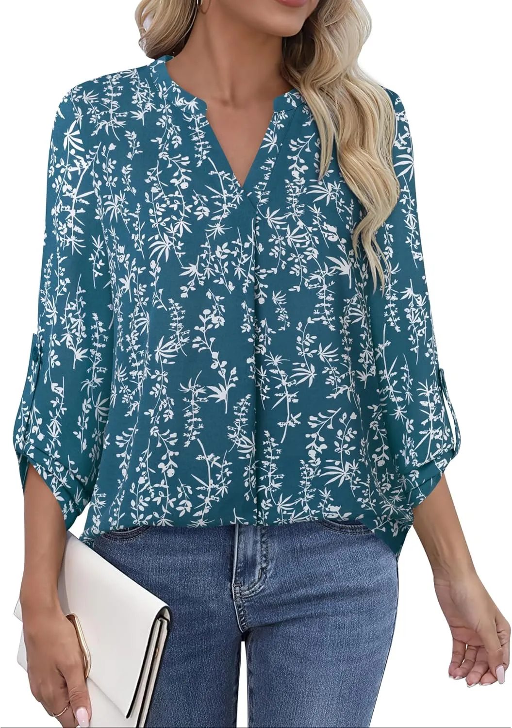 Timeson Women's Casual Chiffon V Neck 3/4 Sleeve Blouse Tops