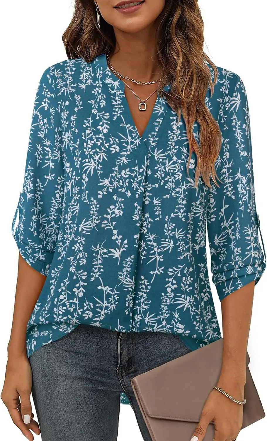 Timeson Women's Casual Chiffon V Neck 3/4 Sleeve Blouse Tops
