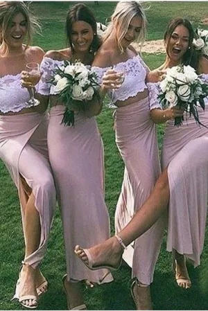 Two Piece Off the Shoulder Ankle Length Sheath Bridesmaid Dress with Lace UQ2464