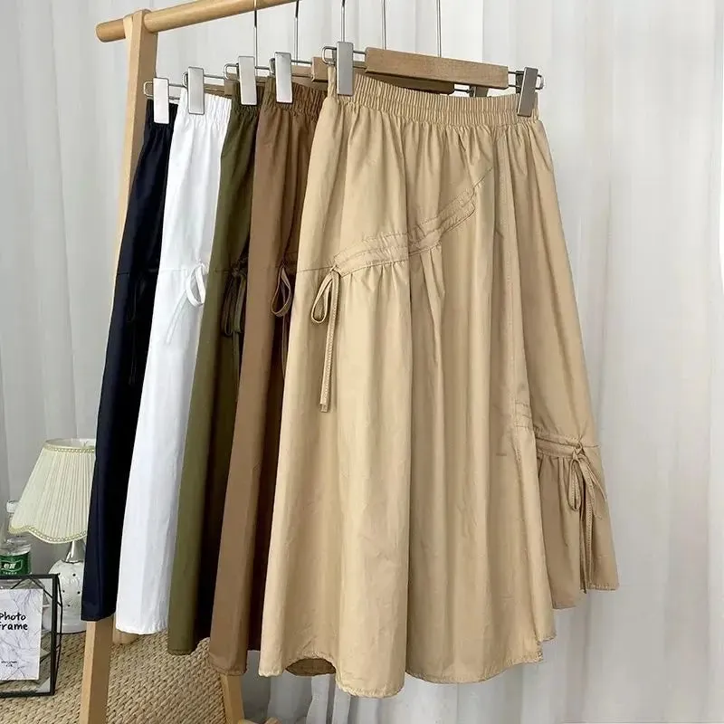 Uniwim 2024 Spring New High Waist Thin Medium Long Irregular Drawstring Bow Large Swing Skirt Women's Umbrella Skirt Solid summer skirt