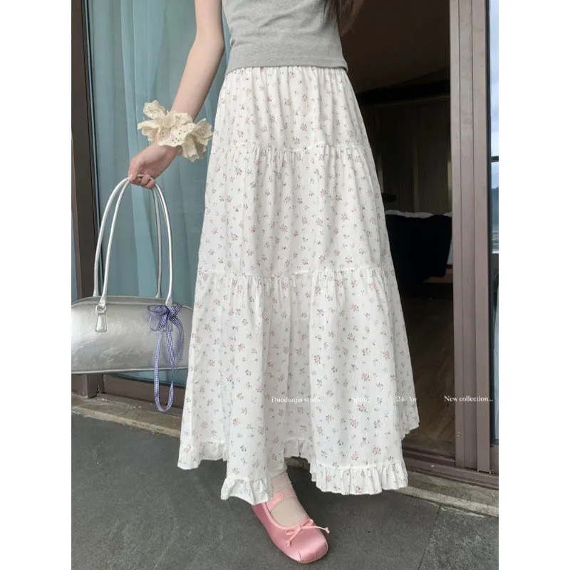 Vevesc 90s fashion Sweet Floral Wooden Ear Cake Skirt Women's Summer Skirt Slimming High Waist A- line Skirt Mid-Length Umbrella Skirt