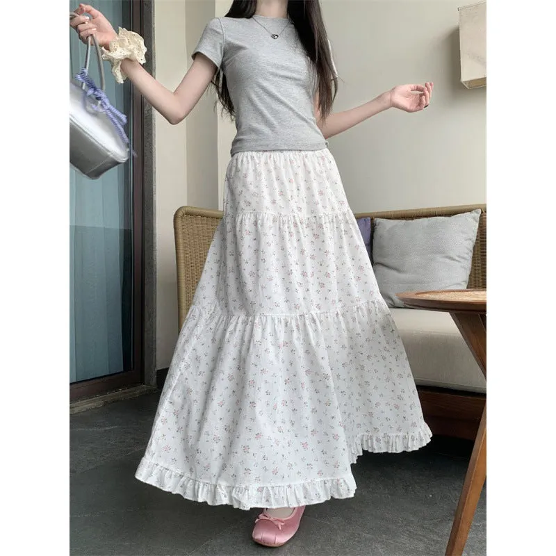 Vevesc 90s fashion Sweet Floral Wooden Ear Cake Skirt Women's Summer Skirt Slimming High Waist A- line Skirt Mid-Length Umbrella Skirt