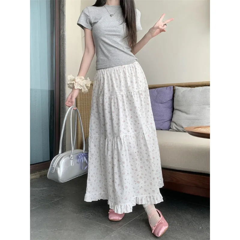 Vevesc 90s fashion Sweet Floral Wooden Ear Cake Skirt Women's Summer Skirt Slimming High Waist A- line Skirt Mid-Length Umbrella Skirt