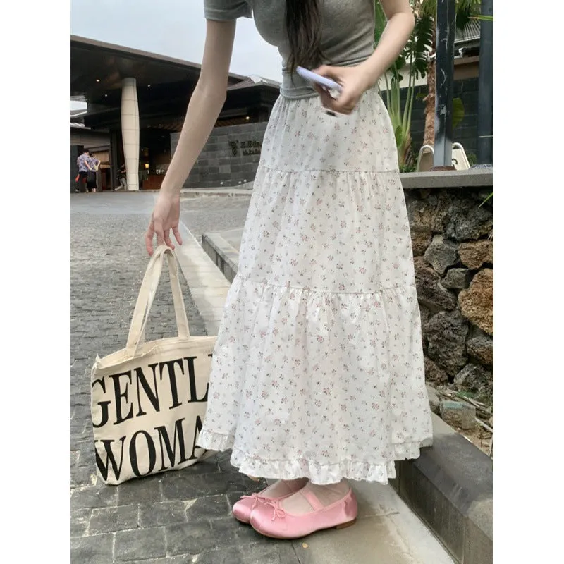 Vevesc 90s fashion Sweet Floral Wooden Ear Cake Skirt Women's Summer Skirt Slimming High Waist A- line Skirt Mid-Length Umbrella Skirt