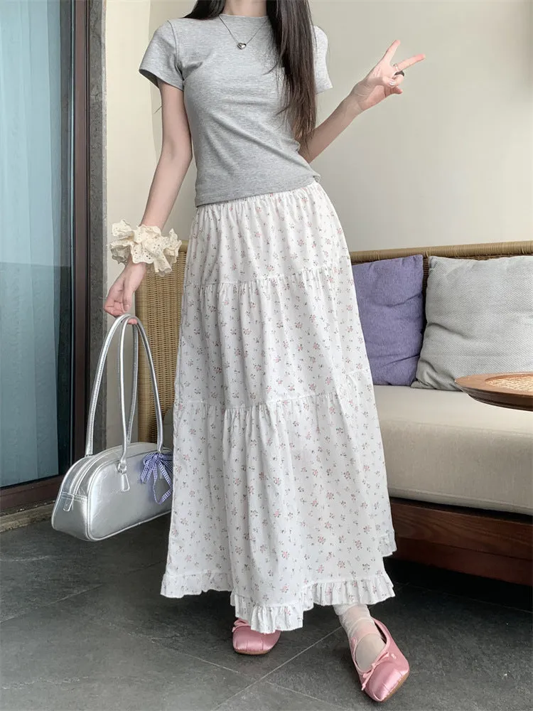 Vevesc 90s fashion Sweet Floral Wooden Ear Cake Skirt Women's Summer Skirt Slimming High Waist A- line Skirt Mid-Length Umbrella Skirt