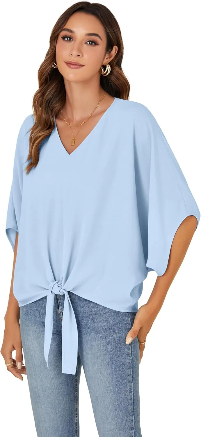 Vrtige Women's Casual Tie Front V Neck Batwing Short Sleeve Chiffon Blouse Shirt Tunic Top