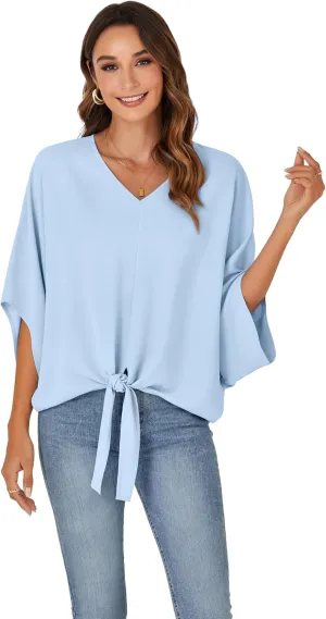 Vrtige Women's Casual Tie Front V Neck Batwing Short Sleeve Chiffon Blouse Shirt Tunic Top