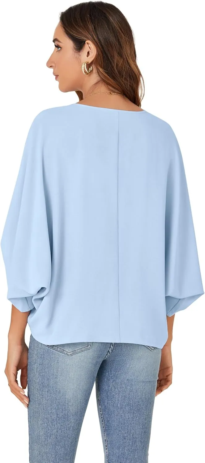 Vrtige Women's Casual Tie Front V Neck Batwing Short Sleeve Chiffon Blouse Shirt Tunic Top