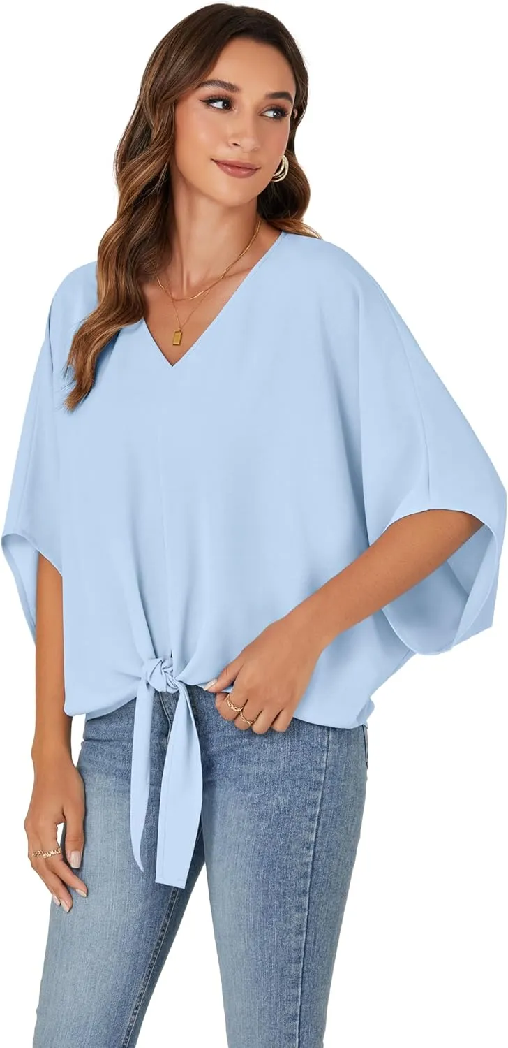 Vrtige Women's Casual Tie Front V Neck Batwing Short Sleeve Chiffon Blouse Shirt Tunic Top