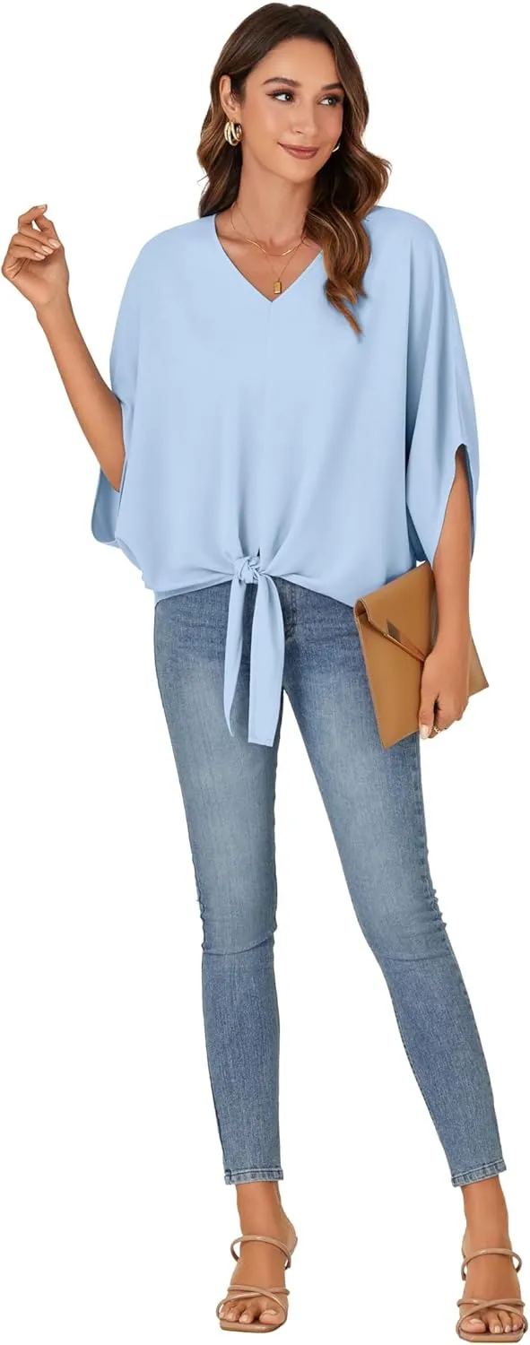 Vrtige Women's Casual Tie Front V Neck Batwing Short Sleeve Chiffon Blouse Shirt Tunic Top