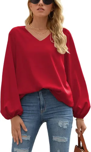 WANGZHI Women's Casual Sweet & Cute Loose Shirt Balloon Sleeve V-Neck Blouse Top