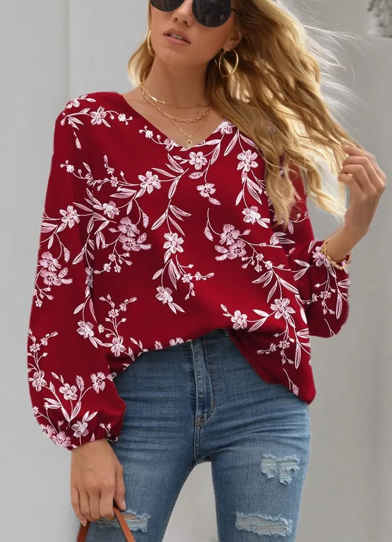 WANGZHI Women's Casual Sweet & Cute Loose Shirt Balloon Sleeve V-Neck Blouse Top