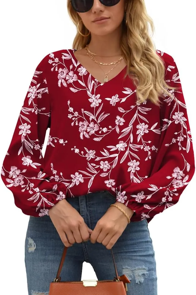WANGZHI Women's Casual Sweet & Cute Loose Shirt Balloon Sleeve V-Neck Blouse Top