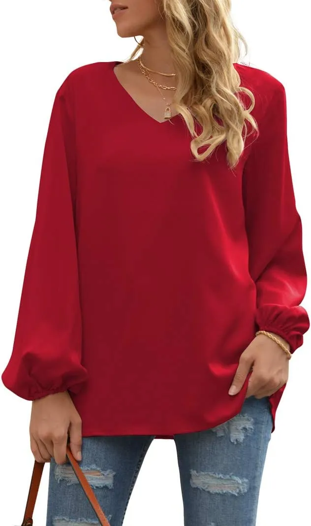 WANGZHI Women's Casual Sweet & Cute Loose Shirt Balloon Sleeve V-Neck Blouse Top