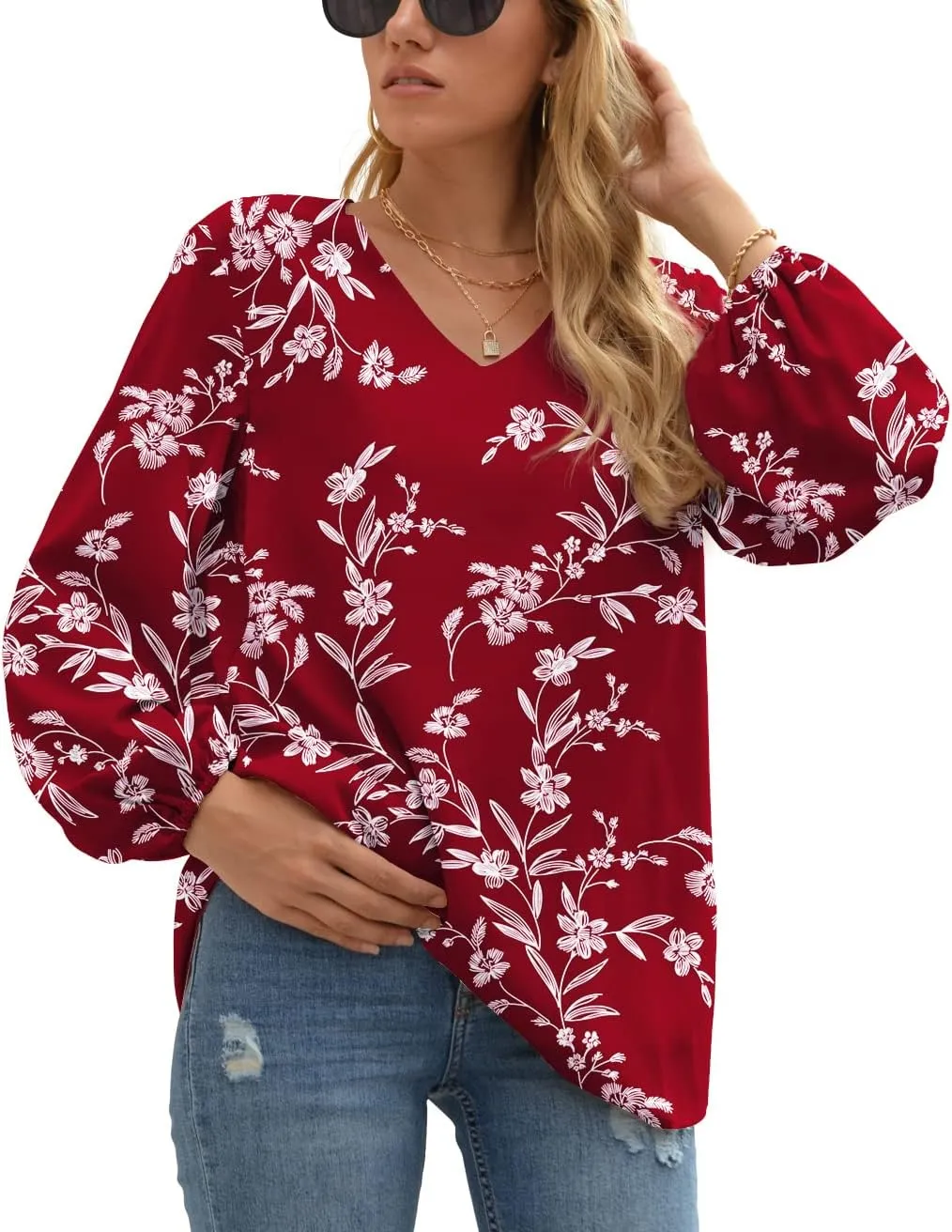 WANGZHI Women's Casual Sweet & Cute Loose Shirt Balloon Sleeve V-Neck Blouse Top