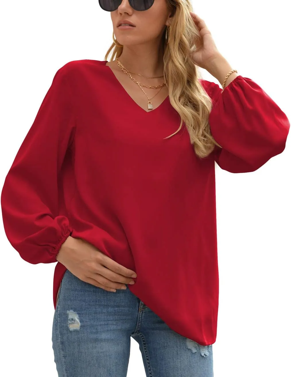 WANGZHI Women's Casual Sweet & Cute Loose Shirt Balloon Sleeve V-Neck Blouse Top