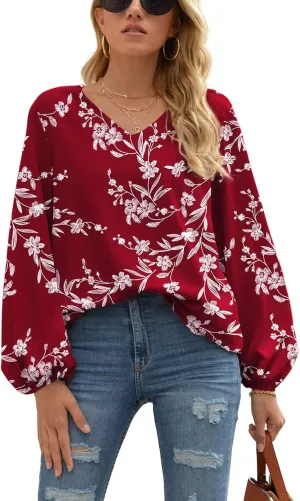 WANGZHI Women's Casual Sweet & Cute Loose Shirt Balloon Sleeve V-Neck Blouse Top