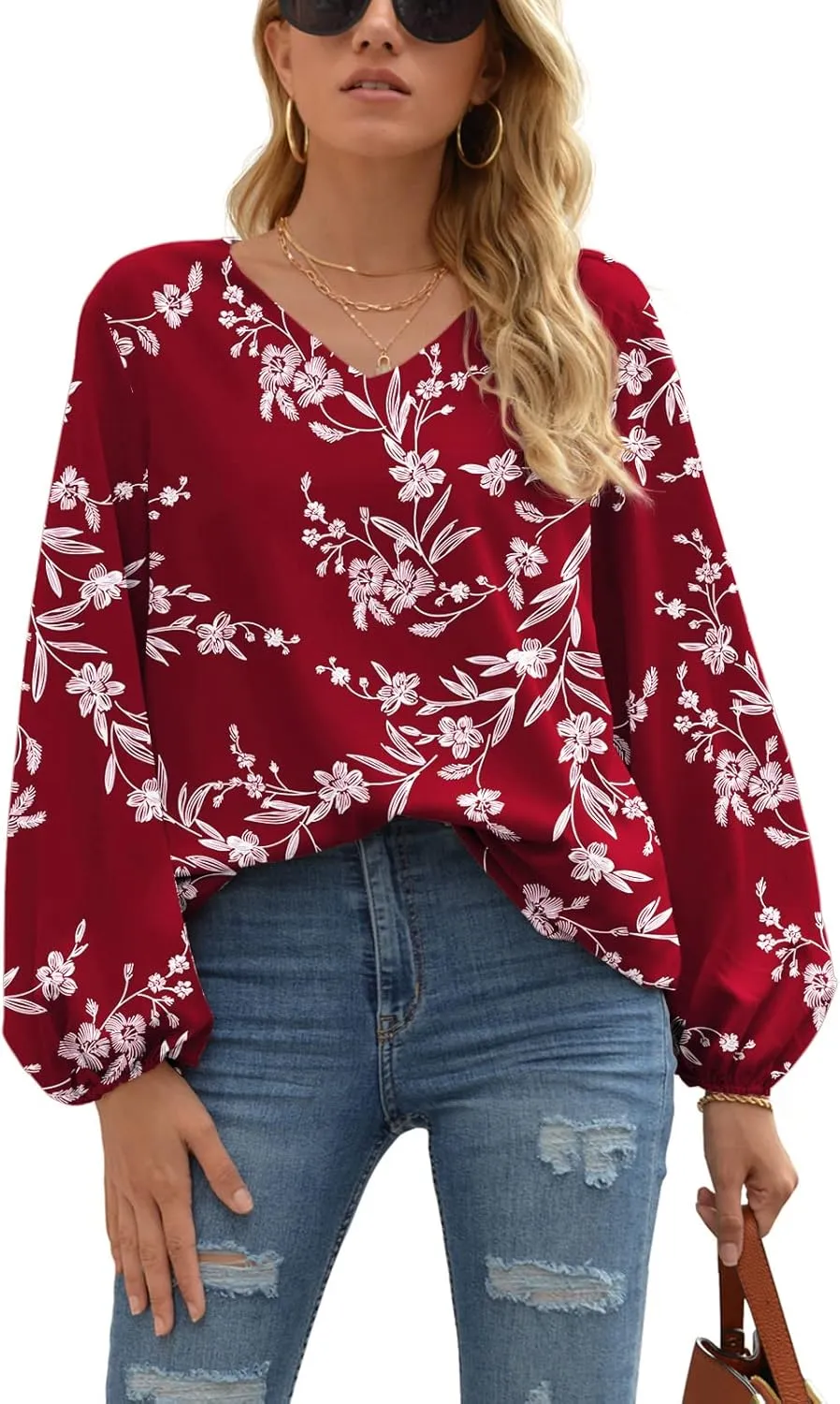 WANGZHI Women's Casual Sweet & Cute Loose Shirt Balloon Sleeve V-Neck Blouse Top