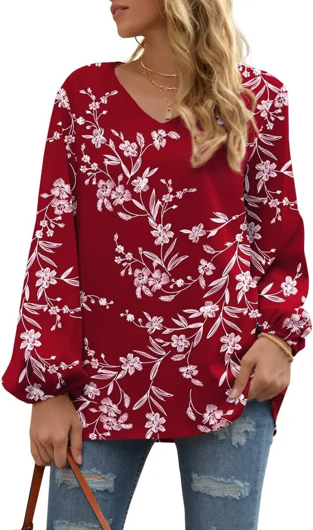 WANGZHI Women's Casual Sweet & Cute Loose Shirt Balloon Sleeve V-Neck Blouse Top