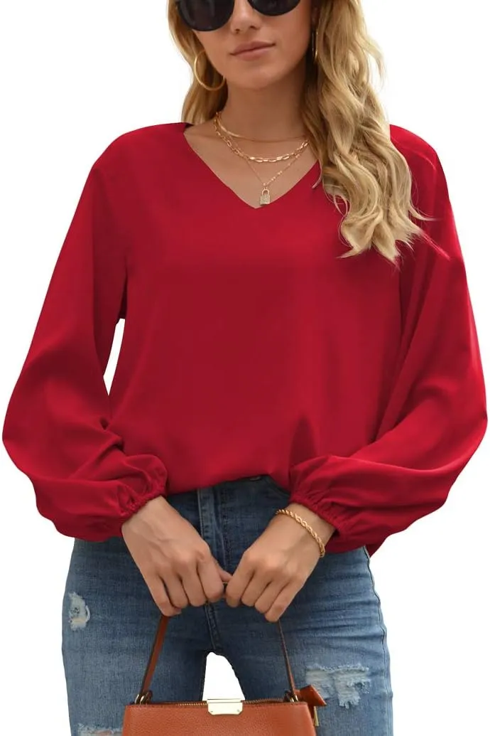 WANGZHI Women's Casual Sweet & Cute Loose Shirt Balloon Sleeve V-Neck Blouse Top