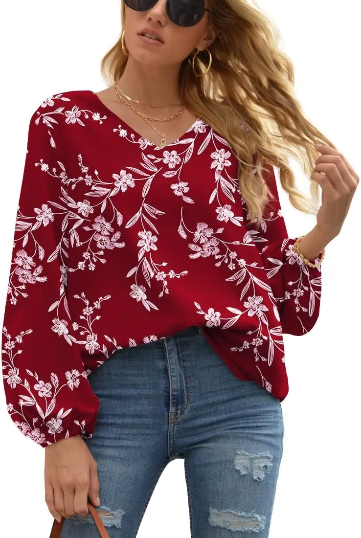 WANGZHI Women's Casual Sweet & Cute Loose Shirt Balloon Sleeve V-Neck Blouse Top